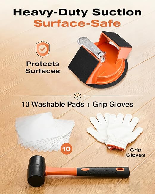 Saker Floor Gap Fixer Tool Kit with Mallet, 10PCS Washable Pads & Gloves, Suction Cup Tool for Laminate Floor Gap Repair, Vinyl Plank & Wood Floors (Single Suction Cup+Rubber Mallet)