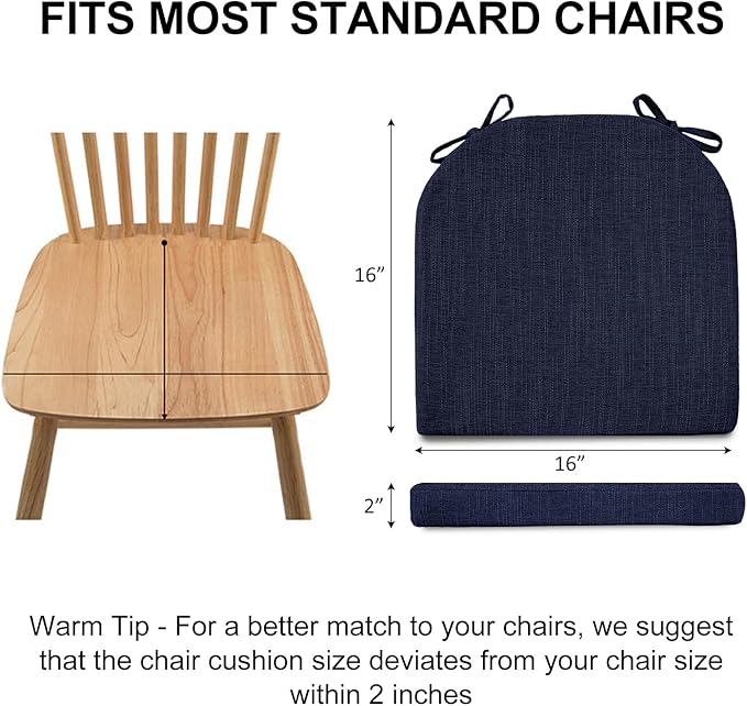 Wellsin Chair Cushions for Dining Chairs 6 Pack - Kitchen Chair Cushions with Ties and Non-Slip Backing - Dining Chair Pads 16"X16"X2", Navy