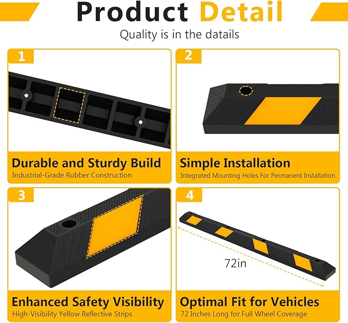 BESEA 2pcs Curb Parking Stoppers for Garage Bumpers Parking car 72" Length 4" High Heavy Duty Rubber Wheel Stopper for Vehicles Truck Driveway Help Your Cars Parking Stop Perfectily(2pack)