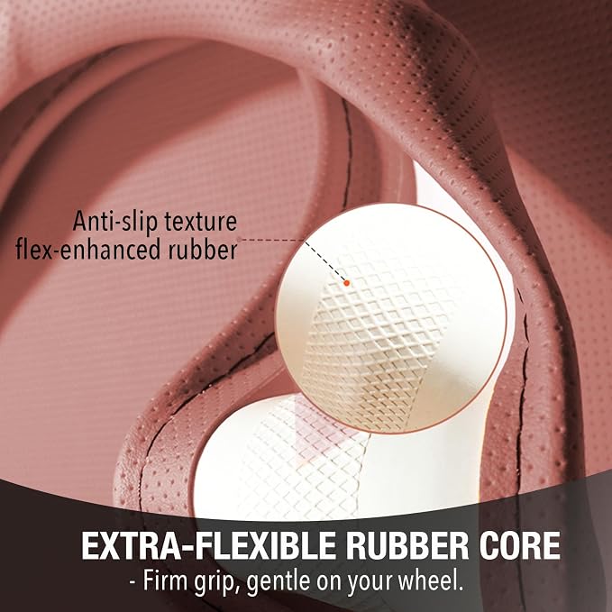 PINCTROT Large Size Nappa Leather Steering Wheel Cover with Ergonomic Palm Support Grip, Full Perforated Breathable, Slim Fit No Bulk Design,15.5-15.75 Inch(Maple Brown)
