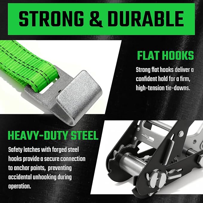 4 Pack Car Tie Down Straps for Trailers - 2" x 8' Heavy Duty Tire Straps with Flat Hooks - 10,000lbs Break Strength, Adjustable Lasso Style Wheel Straps for Hauling Cars, Truck, UTV(Green)