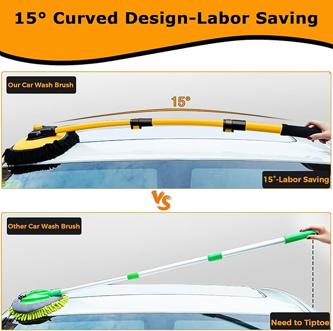 15° Curved Car Wash Brush with Long Handle 43" Extension Pole RV Truck Microfiber Cleaning Mop Auto SUV Wheel Boat Exterior Interior Detailing 2 in 1 Carwash Duster Not Hurt Paint, Yellow
