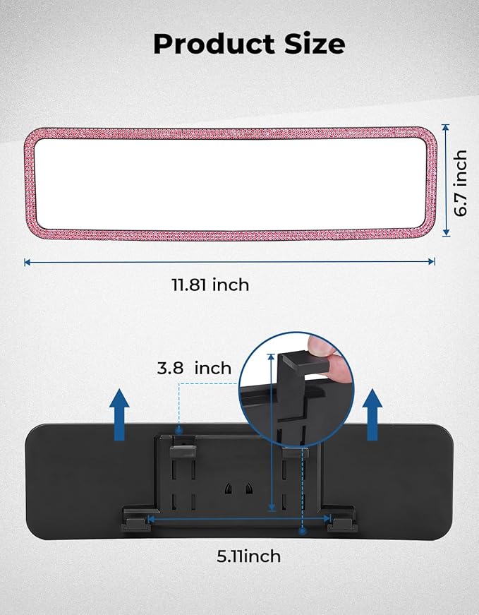 JOYTUTUS Rear View Mirror, Universal 12 Inch Panoramic Rearview Accessories with Bling Rhinestones Crystal Diamonds Edge, Interior Clip-on Wide Angle Rear View Mirror -Pink