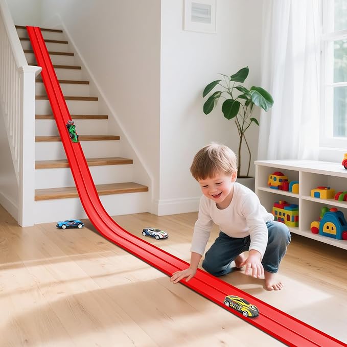 KETIEE Flex Tracks 16Ft for Kids: Flexible Race Car Ramp Track with 4 Small Racecars and 8 Suction Cups Compatible with Diecast 1/64th Cars, Rolls Up Portable Racetrack for Ages 3 & Up
