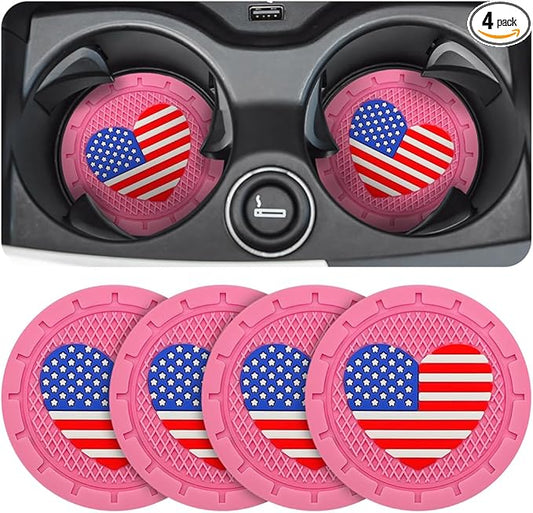AUCELI 4 Pack Car Cup Holder Coasters, Colored American Flag US Flag Insert Car Cup Coaster, 2.75 Inch Anti Slip Shockproof Embedded Drink Mat, Vehicle Interior Decor Accessories