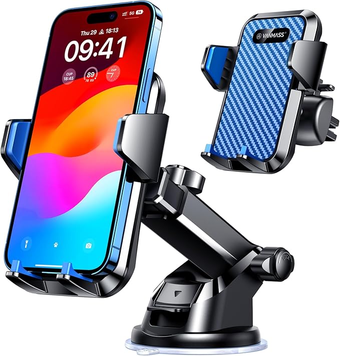 VANMASS【85+LBS Strongest Suction & Military-Grade Ultimate Car Phone Mount【Patent & Safety Certs】 Cell Phone Holder for Dash Windshield Vent for iPhone 17 Pro Max Automobile Accessory Kits,Light Blue
