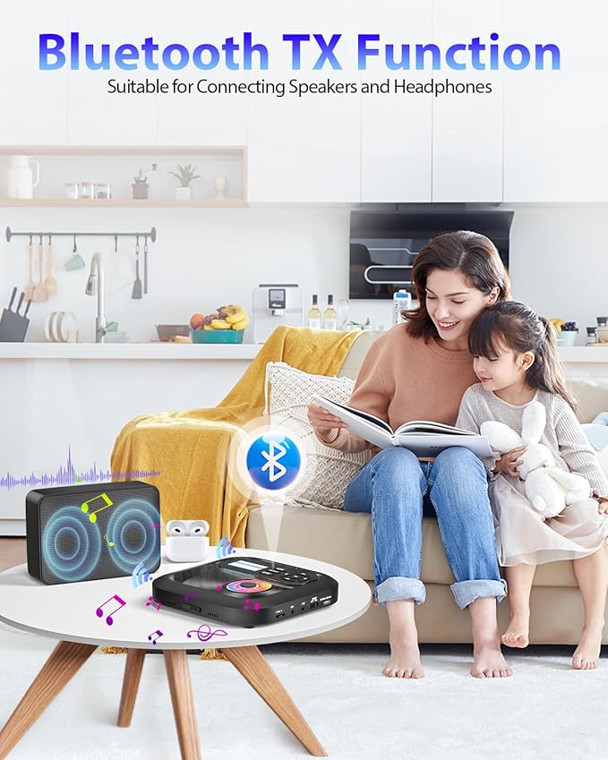 Portable-CD-Player with Bluetooth - Rechargeable with FM Transmitter, Dual Speakers, Headphones and AUX Use for Car Travel Home