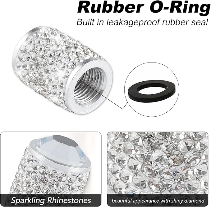 Alpmosn Car Wheel Tire Valve Caps, 4 PCS Bling Tire Valve Caps, Crystal Tire Caps Shinny Rhinestone for Women, Universal Car Dustproof Tire Valve Caps for Cars, Trucks, SUV and Motorcycles (White)