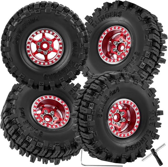 RC 1.0 Beadlock Truck Tires for 1/18 1/24 Trx4m SCX24 RC Crawler,RC Wheels Tires.Aluminum 1.0‘’ Beadlock Wheel Rim&1.0in Tires Tyres.Red(4PCS)