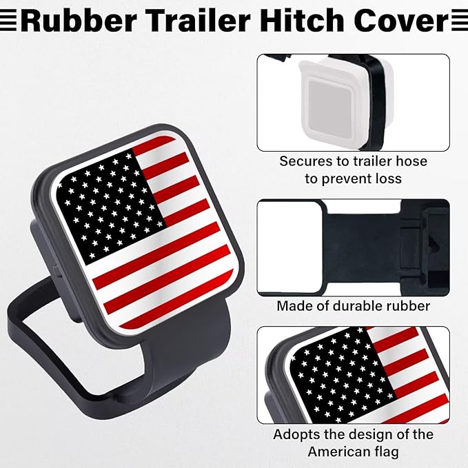 2 Inch Rubber Trailer Hitch Cover, Durable Tow Hitch Covers with American Flag, Car Exterior Accessories Fits for 2 Inches Hitch Receivers, Hitch Cover Tube Plug Cap for Trucks(Silver&Red Line)