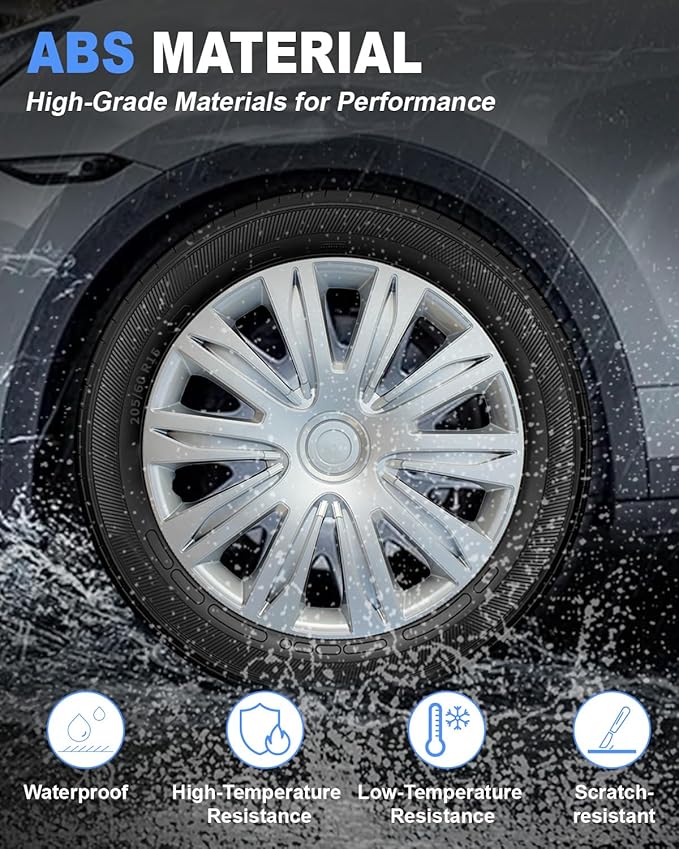 ABX Hubcaps,15 inch hubcaps Set of 4, Wheel Rim Cover ABS Material, Snap On Car Truck SUV Replacement, for Toyota Camry Nissan Mazda etc, Silver