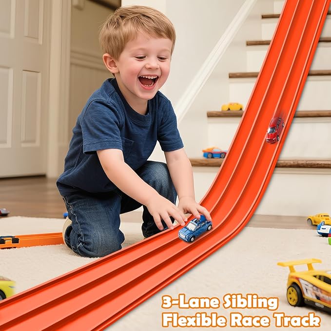 3-Lane Flexible Race Track for Kids 15ft Race Car Track Compatible with Diecast 1/64 Scale Cars, Flexible Car Track Race Ramp Toy with Strong Suction Cups