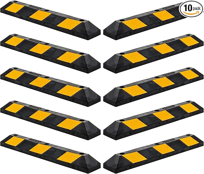 Guardian 10 Pack Parking Stop, 3 Foot Long Flexible Rubber Curb, Highly Visible Accessory with Mounting Holes for Job Sites and Garages, Black/Yellow