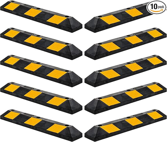 Guardian 10 Pack Parking Stop, 3 Foot Long Flexible Rubber Curb, Highly Visible Accessory with Mounting Holes for Job Sites and Garages, Black/Yellow