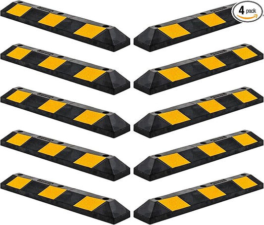 Guardian 4 Pack Parking Stop, 3 Foot Long Flexible Rubber Curb, Highly Visible Accessory with Mounting Holes for Job Sites and Garages, Black/Yellow