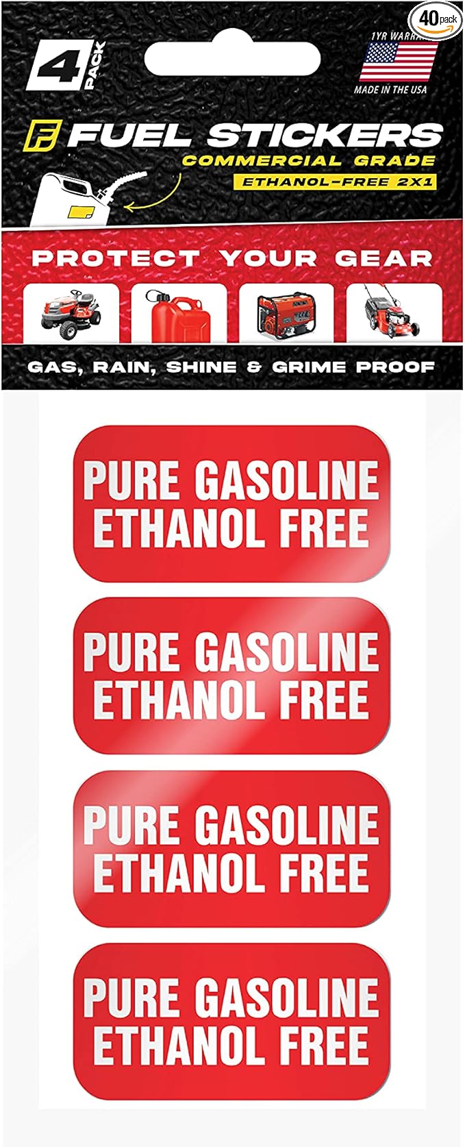 Ethanol Free Sticker, No Ethanol Labels for Fuel Cans, Mowers, Boats, Outdoor Power Equipment - Weather Proof, Extreme Stick, Commercial Grade Labelss by Fuel Stickers - USA Made (2x1 inch), 40 Labels