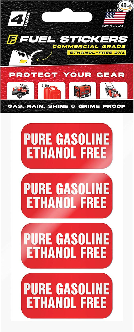 Ethanol Free Sticker, No Ethanol Labels for Fuel Cans, Mowers, Boats, Outdoor Power Equipment - Weather Proof, Extreme Stick, Commercial Grade Labelss by Fuel Stickers - USA Made (2x1 inch), 40 Labels