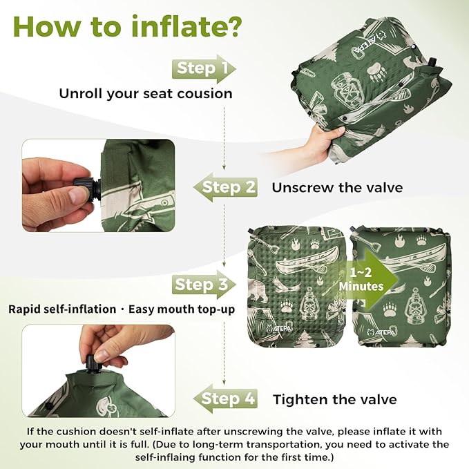ATEPA Inflatable Seat Cushion, Compact Self-Inflating Seat Cushion for Stadium Airplane Air Travel Bleacher Camping, Blow Up Foam Seat Pad for Outdoor Sports Events Backpacking Hiking Sitting