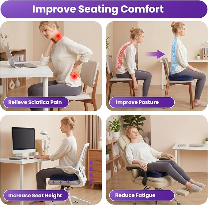 ZZ-WELL Seat Cushions for Office Chairs - Coccyx Cushion for Tailbone Pain Pressure Relief - Memory Foam Butt Pillows for Sitting, Wheelchair, Car Seat- Carry Handle & Non Slip Bottom (Navy Blue)