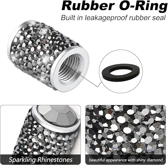 Alpmosn Car Wheel Tire Valve Caps, 4 PCS Bling Tire Valve Caps, Crystal Tire Caps Shinny Rhinestone for Women, Universal Car Dustproof Tire Valve Caps for Cars, Trucks, SUV and Motorcycles (Gray)