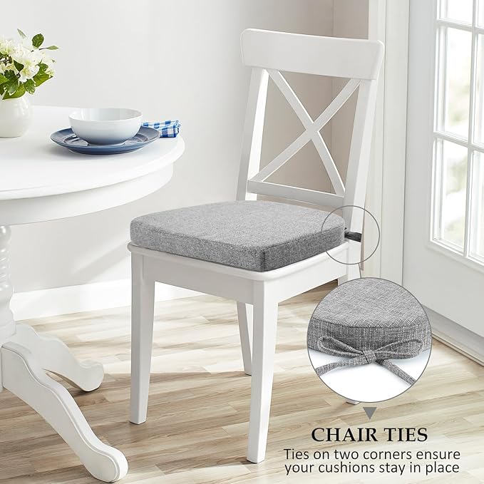 Wellsin Chair Cushions for Dining Chairs 4 Pack - Kitchen Chair Cushions with Ties and Non-Slip Backing - Dining Chair Pads 16"X16"X2", Light Gray