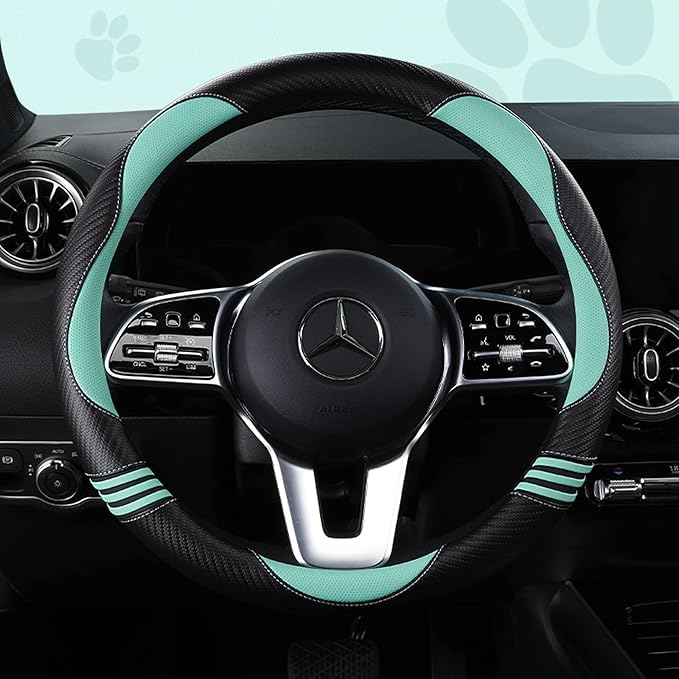 HighnessHwoo Car Steering Wheel Covers for Women Girl Padded Carbon Fiber PU Leather Cute Cartoon Auto Interior Accessories for Jeep, Truck, Universal, Anti Slip, Green, Large Size, 15.2-16in
