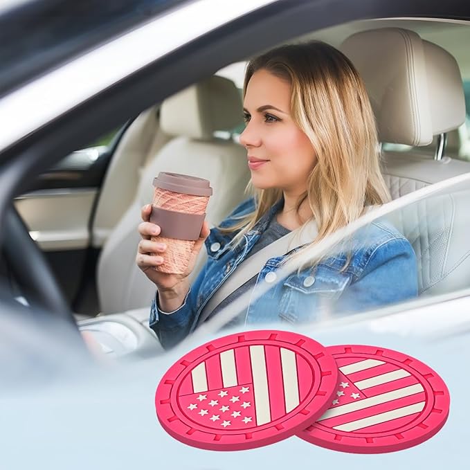 Osilly Car Cup Holder Coasters, 4 Pack American Flag Insert Car Cup Coaster, 2.75 Inch PVC Anti Slip Shockproof Embedded Drink Mat, Car Interior Decoration Accessories for SUV, Truck(Rose Red)