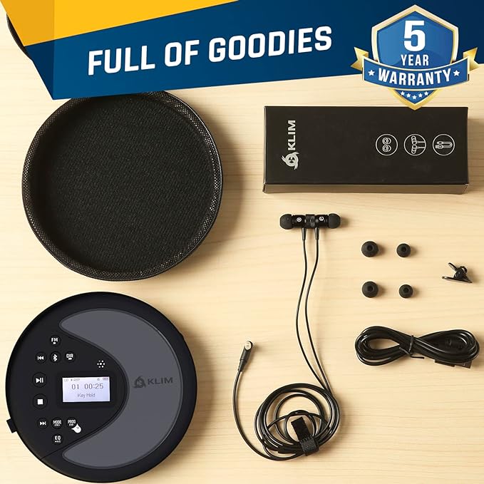 KLIM Discover - Portable CD Player with Long-Lasting Battery - New - with Headphones - Radio FM - Compatible MP3 CD Player Portable - SD Card, FM Transmitter, Bluetooth - Ideal for Cars