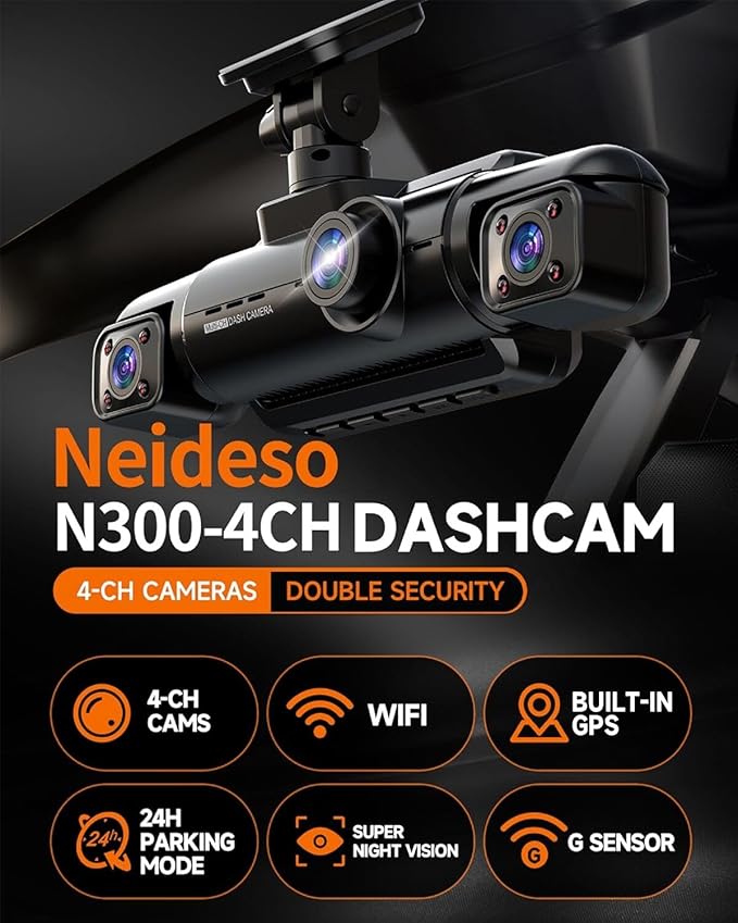 Neideso 360° Dash Cam Front and Rear Inside, 4 Channel FHD 4 * 1080P, Wi-Fi GPS Voice Control Car Camera, Front 2K+1080P*2 Dash Camera for Cars, with 64GB SD Card, Night Vision, 24H Parking Mode(N300)