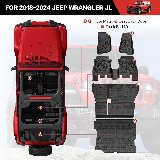 Cargo Mat Floor Liner Compatible with 2018-2025 Jeep Wrangler JL Unlimited 4 Door, Seat Back Cover Cargo Liner Rear Floor Mat for 2024 Jeep Wrangler JL/JLU Accessories