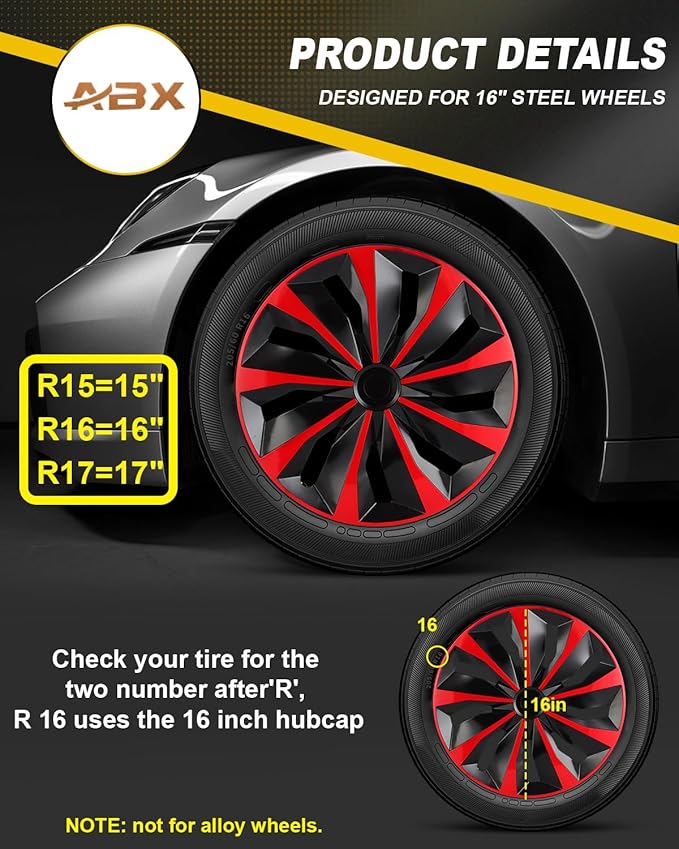 ABX Hubcaps,16 inch hubcaps Set of 4, Wheel Rim Cover ABS Material, Snap On Car Truck SUV Replacement, for Toyota Camry Nissan Mazda etc, Black & Red