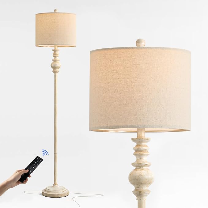 BOBOMOMO 64.25" Farmhouse Floor Lamp with Remote, Dimmable Floor Lamp with Adjustable Color Temperatures, Antique White Floor Lamp with Gold Accents for Living Room Corner, Bedroom, 9W Bulb Included