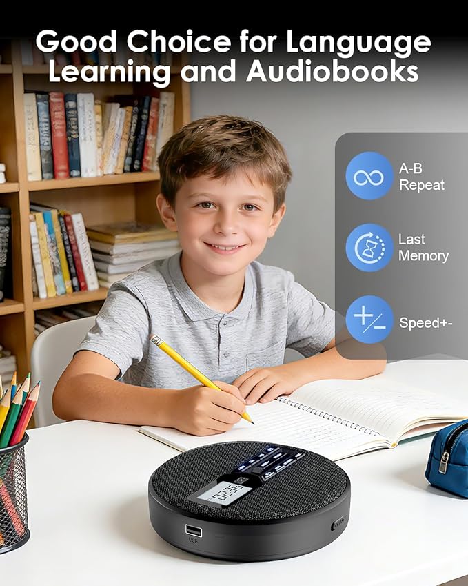 Portable CD Player with FM Transmitter for Car, Rechargeable Small CD Player Portable with Bluetooth & Dual Stereo Speakers for Home, Anti-Skip, Resume Playback, AUX/USB, Headphones