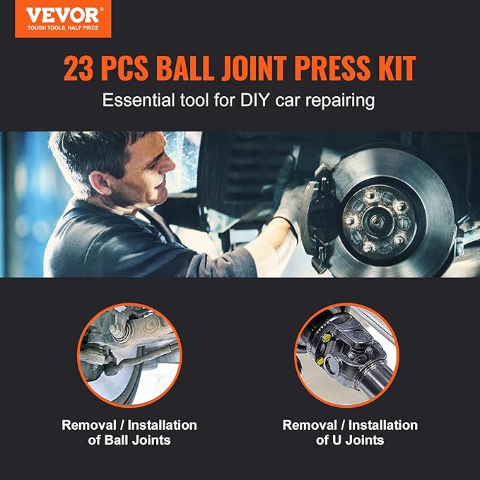VEVOR Ball Joint Press Kit, 23 pcsTool Kit, C-Press Ball Joint Removal and Install Tools, for Most 2WD and 4WD Cars, Including 2-9/64 Inch,1-59/64 Inch Ball Joint Sockets Compatible with Chrysle