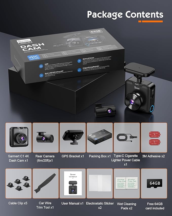 Sarmert C2 4K Dual Dash Cam Front and Rear - Built-in GPS and 5G WiFi, Free 64GB Card Included, 4K UHD Dash Camera for Cars, Night Vision, WDR, Loop Recording, App Control, 24H Parking Mode
