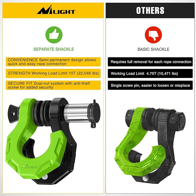 Nilight 2 Pack 3/4" D-Ring Separate Shackle with 7/8" Lock Pin 45,000 lbs Break Strength, Off Road Recovery Shackle with Isolators Washers for Use with Tow Strap, Winch, Truck Vehicle (Black&Green)