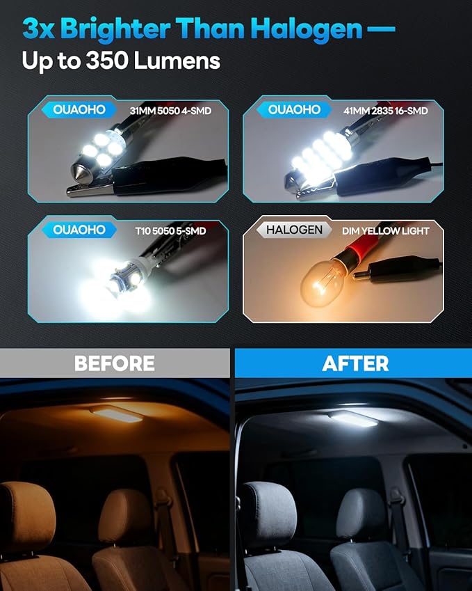 48Pcs Led Interior Car Lights Kit, 6500K White Interior Bulbs Replacement (194 T10 DE3175 W5W 168 578 2825 T5 31mm 36mm 41mm), Dome Map Dash Door Trunk License Plate Lights for Cars Trucks RVs