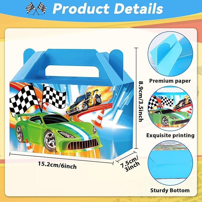 12Pcs Race Car Party Treat Boxes Hot Car Gift Box Birthday Supplies Wheels Wild Goodie Gift Boxes Race Cars Favor Box for Kid Boy Wheels Cars Birthday Baby Shower Game Party Decoration Blue