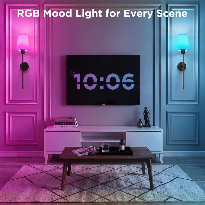 Brightown Battery Operated Wall Sconce Set of 2,Wireless Rechargeable Wall Lights with Dimmable Magnetic Bulbs and Remote for Living Room，12 Colors Black Wall Lamp for Bedroom Hallway Decor