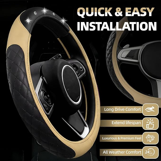 NBTEPEM 6 PCS Bling Car Accessories Set, Leather Steering Wheel Covers Universal 14.5-15 inch, Center Console Cover, Seat Belt Cushion, Cup Holder Coaster (Beige)