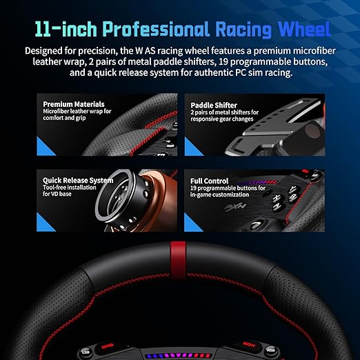 PXN Direct Drive Racing Wheel, VD4 Bundle - 4Nm Force Feedback Servo Motor Base, 11-Inch Steering Wheel, Hall Effect 2-Pedal Set, Desk Clamp Mount - PC Sim Racing Bundle for Windows 7-11