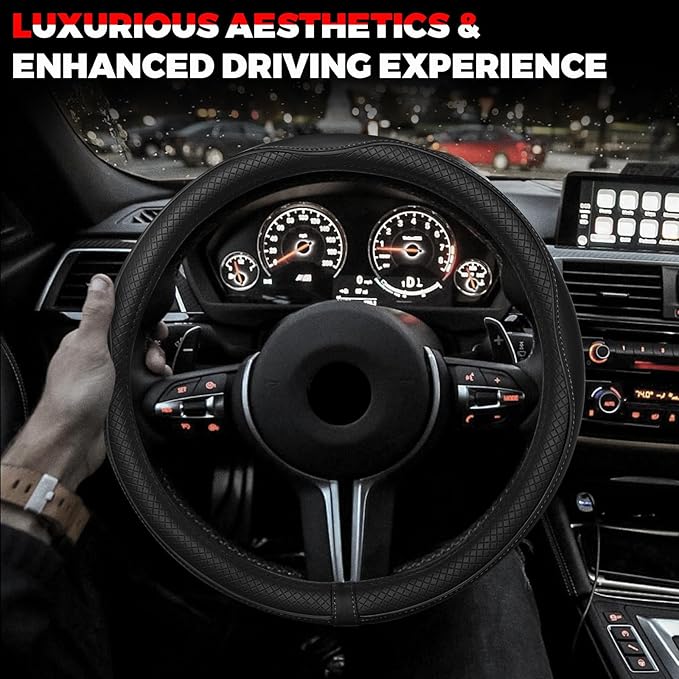Ouzorp Car Steering Wheel Cover, Microfiber Leather Steering Wheel Covers with Anti-Slip Lining, Universal 14.5-15 inchs Black
