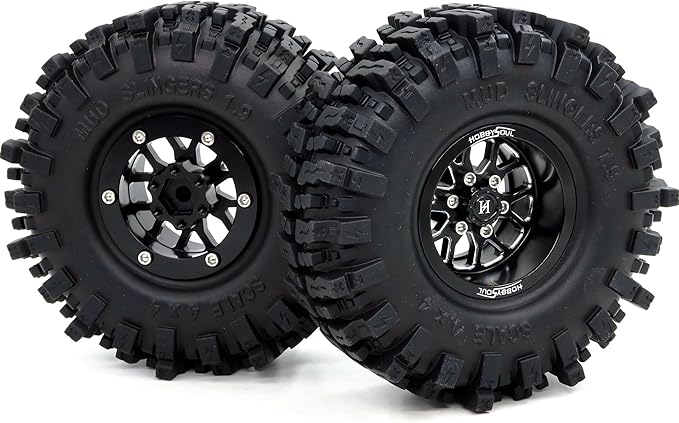 HOBBYSOUL 1.9 Beadlock Wheels and Tires 120mm Tall, 1.9'' Mud Slingers T8 Tires and Wheels Rims -10.5mm Negative Offset for 1/10 RC Crawler SCX10 TRX4 Gen8 Upgrades, (4-Pack, HS701501)