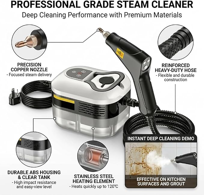 Saker Handheld Steam Cleaner, 1200ml Large Capacity, 6 Adjustable Steam Levels, Portable 221°F High-Temp Steamer for Kitchen, Bathroom, Car Interior and Multi-Surface Cleaning (Red-Dual Control)