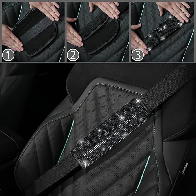 NBTEPEM 12 Pcs Bling Car Accessories Set for Women Car Floor Mats Full Set Steering Wheel Cover Seat Belt Covers Coasters Universal Fit Car SUV Truck Van Black