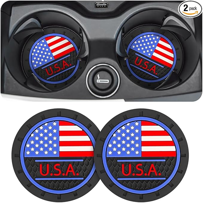 AUCELI 2 Pack Car Cup Holder Coasters, Colored American Flag US Flag Insert Car Cup Coaster, 2.75 Inch Anti Slip Shockproof Embedded Drink Mat, Vehicle Interior Decor Accessories