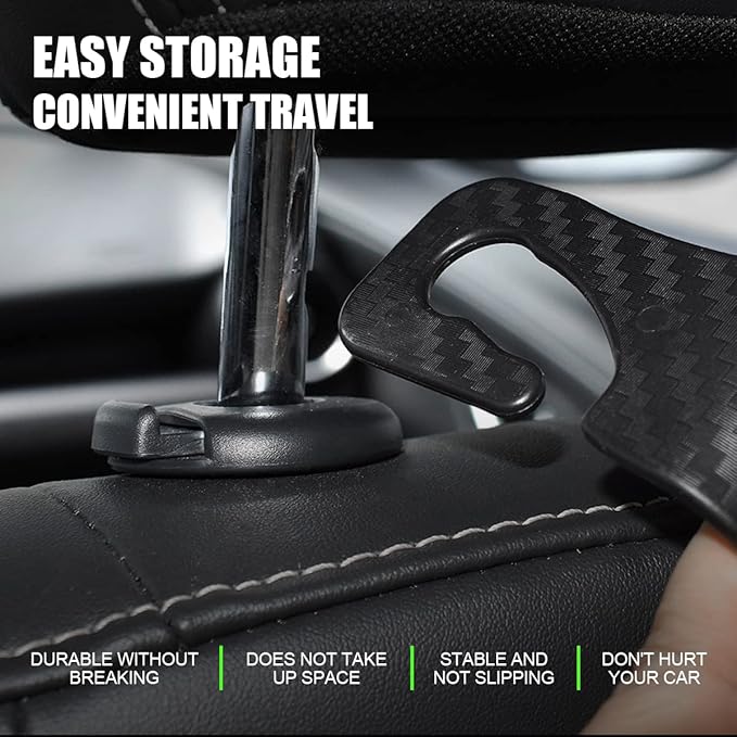 Car Back Seat Headrest Hooks, 4 Pack Carbon Fiber Stylish Back Seat Hanger for Car Handbag Clothes Coats Grocery Bags, Car Interior Accessories (Carbon Fibre/Black)