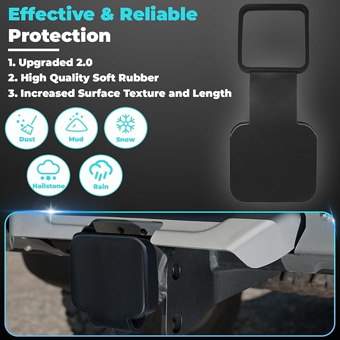 2 Inch Rubber Trailer Hitch Cover, Durable Tow Hitch Covers, Car Exterior Accessories Fits for 2 Inches Hitch Receivers, Hitch Cover Tube Plug Cap for Trucks, Black