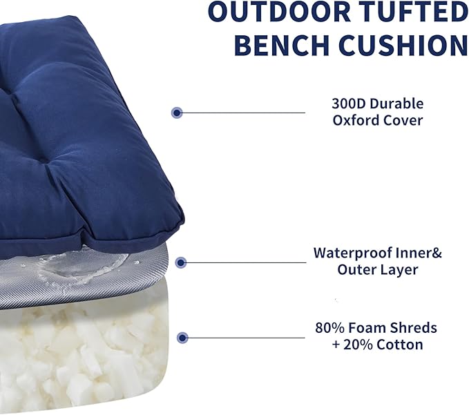 IPYNBAP Outdoor Bench Cushion, 48x18x5 Inch, Waterproof Bench Cushion for Outdoor/Indoor Furniture, Tufted Patio Bench Seat Cushion, Fade Resistant Outdoor Cushions for Porch Swing Couch, Navy Blue