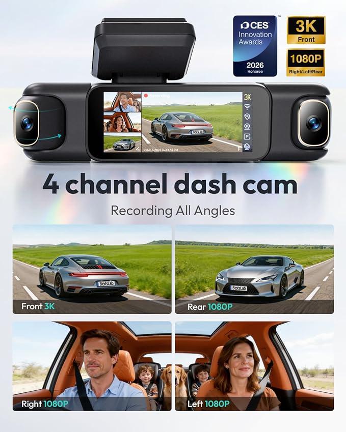 BOTSLAB 3K 4 Channel Dash Cam, 360° All-Sides View, Front and Rear Inside Car Camera with 3.18”Touch Screen, Dash Camera 24/7 Parking Mode, Built-in GPS 5.8GHz WiFi Voice Control, Free 128GB Card